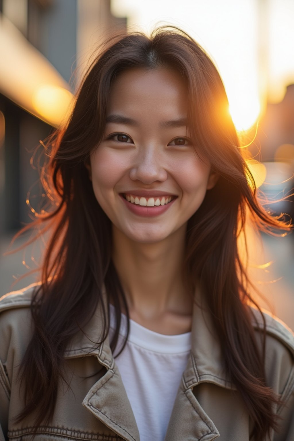 headshot of smiling woman wearing casual clothes posing for dating app headshot. outdoor blurry background. the lighting is warm, possibly from a setting sun, creating a soft glow around him, enhancing the casual and relaxed vibe of the image. the setting seems to be outdoors, likely in an urban environment, with the blurred background hinting at a street or park-like area. this image likely portrays a youthful, active, and approachable individual, possibly in a lifestyle or fashion-related context.