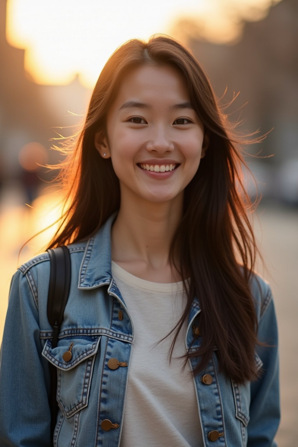 headshot of smiling woman wearing casual clothes posing for dating app headshot. outdoor blurry background. the lighting is warm, possibly from a setting sun, creating a soft glow around him, enhancing the casual and relaxed vibe of the image. the setting seems to be outdoors, likely in an urban environment, with the blurred background hinting at a street or park-like area. this image likely portrays a youthful, active, and approachable individual, possibly in a lifestyle or fashion-related context.