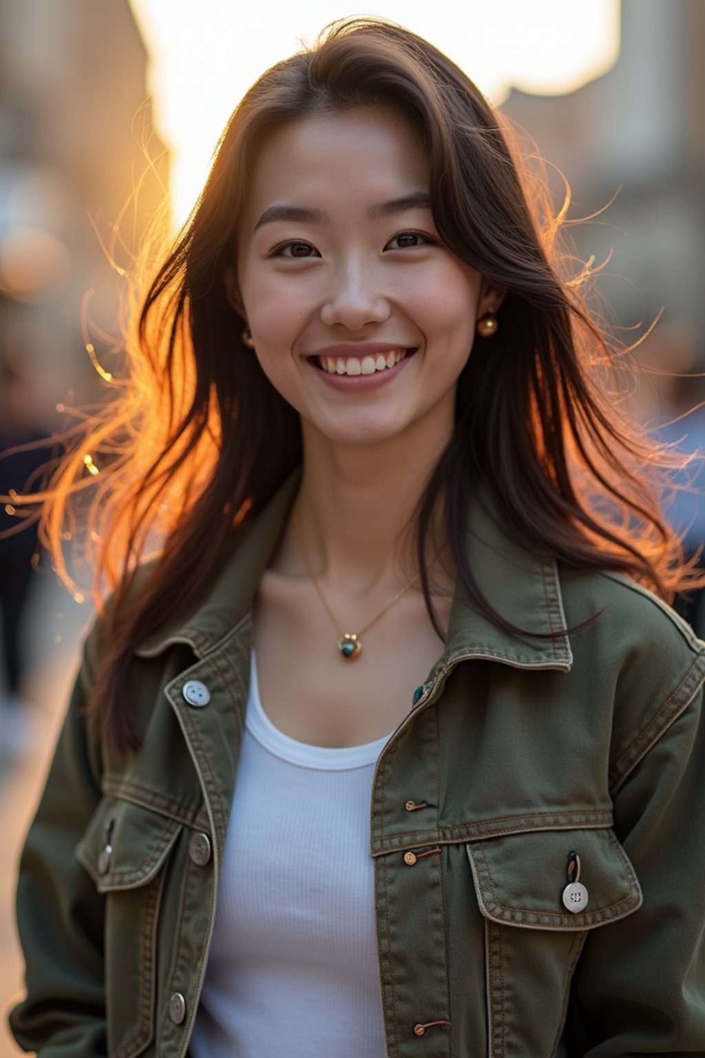 headshot of smiling woman wearing casual clothes posing for dating app headshot. outdoor blurry background. the lighting is warm, possibly from a setting sun, creating a soft glow around him, enhancing the casual and relaxed vibe of the image. the setting seems to be outdoors, likely in an urban environment, with the blurred background hinting at a street or park-like area. this image likely portrays a youthful, active, and approachable individual, possibly in a lifestyle or fashion-related context.