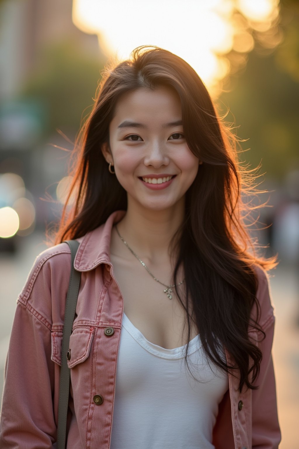 headshot of smiling woman wearing casual clothes posing for dating app headshot. outdoor blurry background. the lighting is warm, possibly from a setting sun, creating a soft glow around him, enhancing the casual and relaxed vibe of the image. the setting seems to be outdoors, likely in an urban environment, with the blurred background hinting at a street or park-like area. this image likely portrays a youthful, active, and approachable individual, possibly in a lifestyle or fashion-related context.