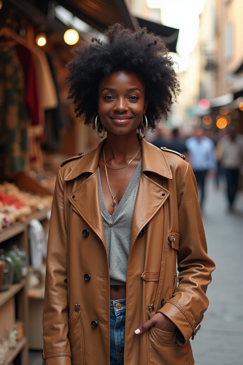 a stylish  feminine woman exploring a street market