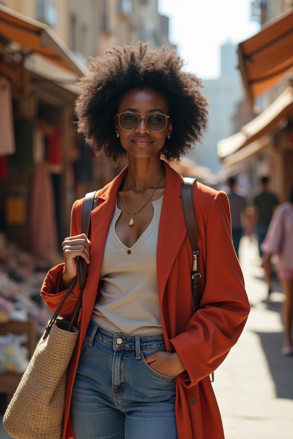 a stylish  feminine woman exploring a street market