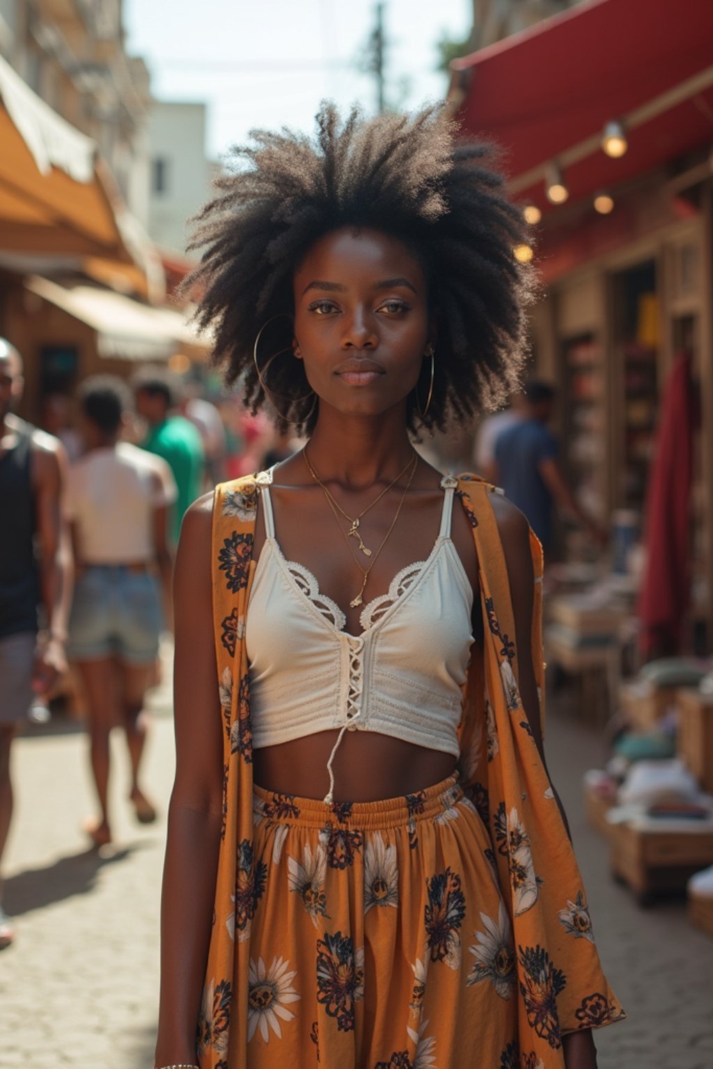 a stylish  feminine woman exploring a street market