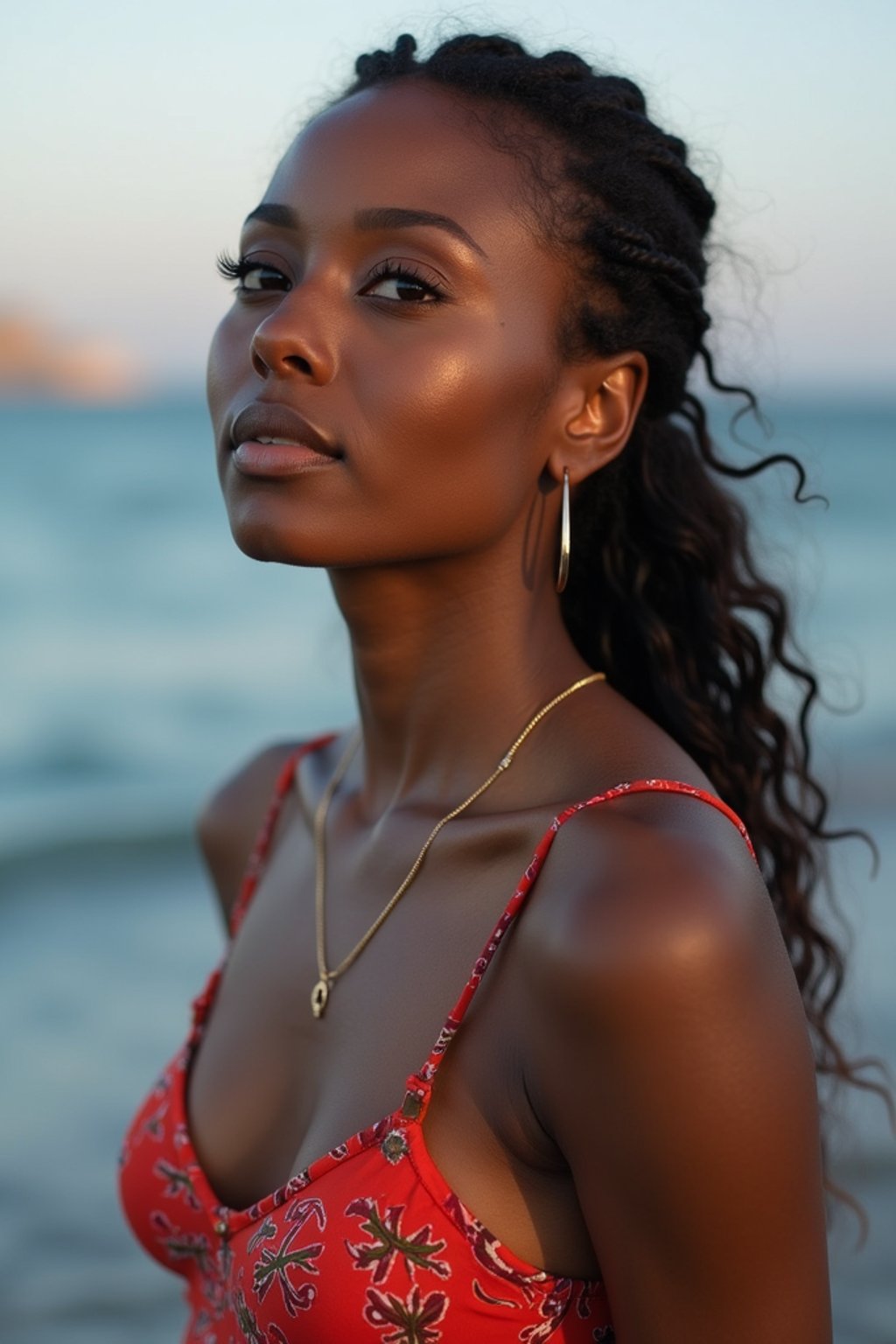 a captivating  feminine woman enjoying a peaceful moment by the waterfront