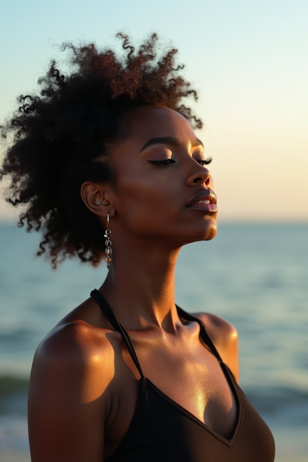 a captivating  feminine woman enjoying a peaceful moment by the waterfront