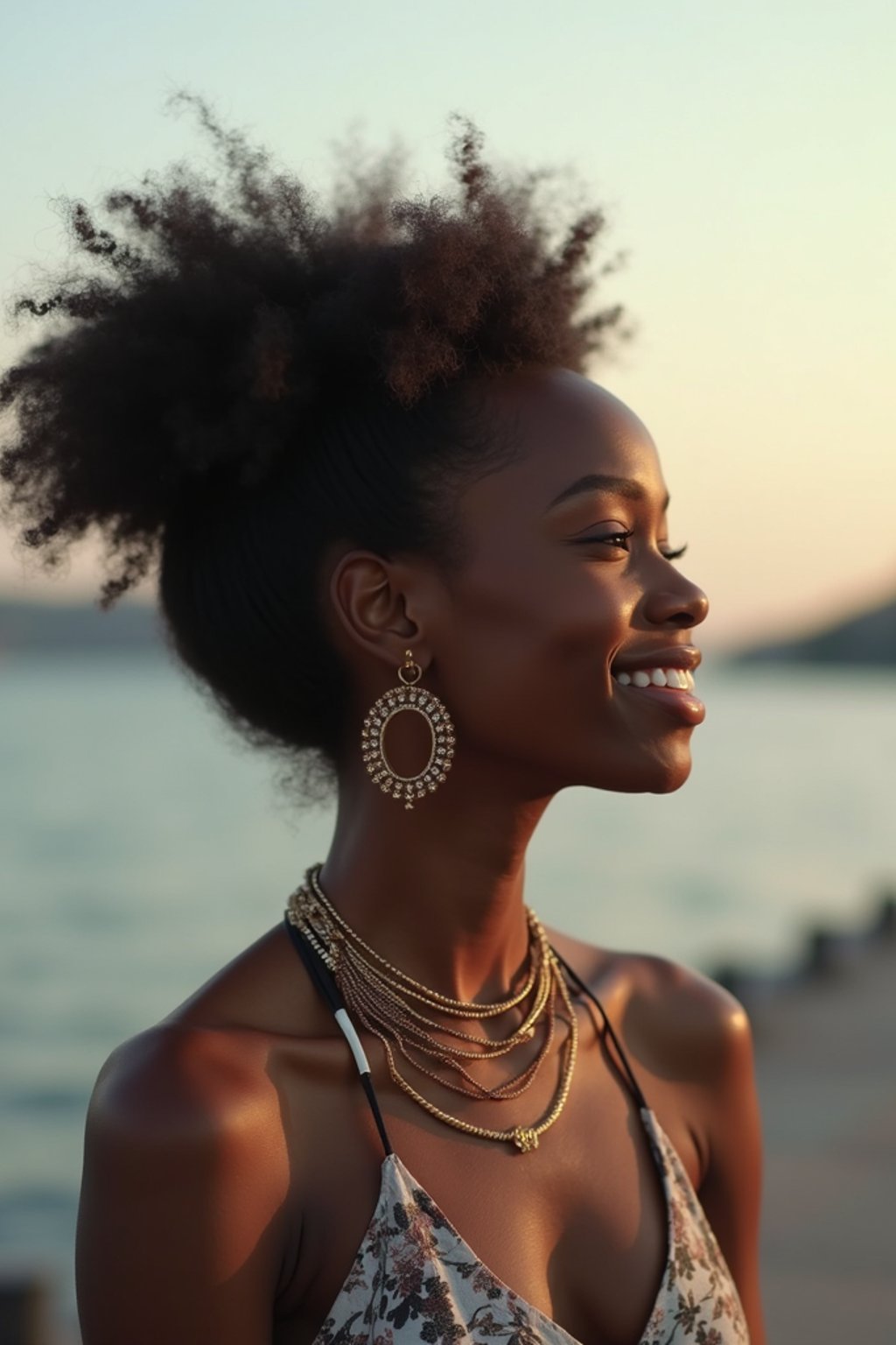 a captivating  feminine woman enjoying a peaceful moment by the waterfront