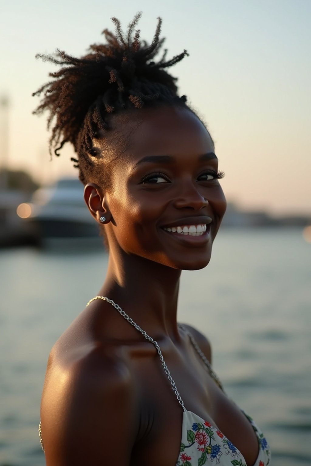 a captivating  feminine woman enjoying a peaceful moment by the waterfront