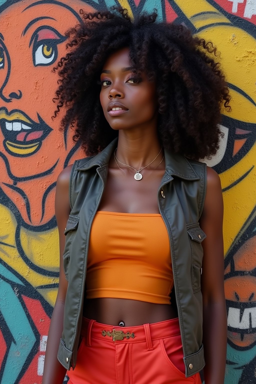 a fashionable  feminine woman posing in front of street art