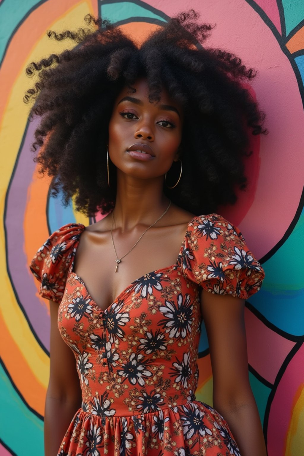 a fashionable  feminine woman posing in front of street art