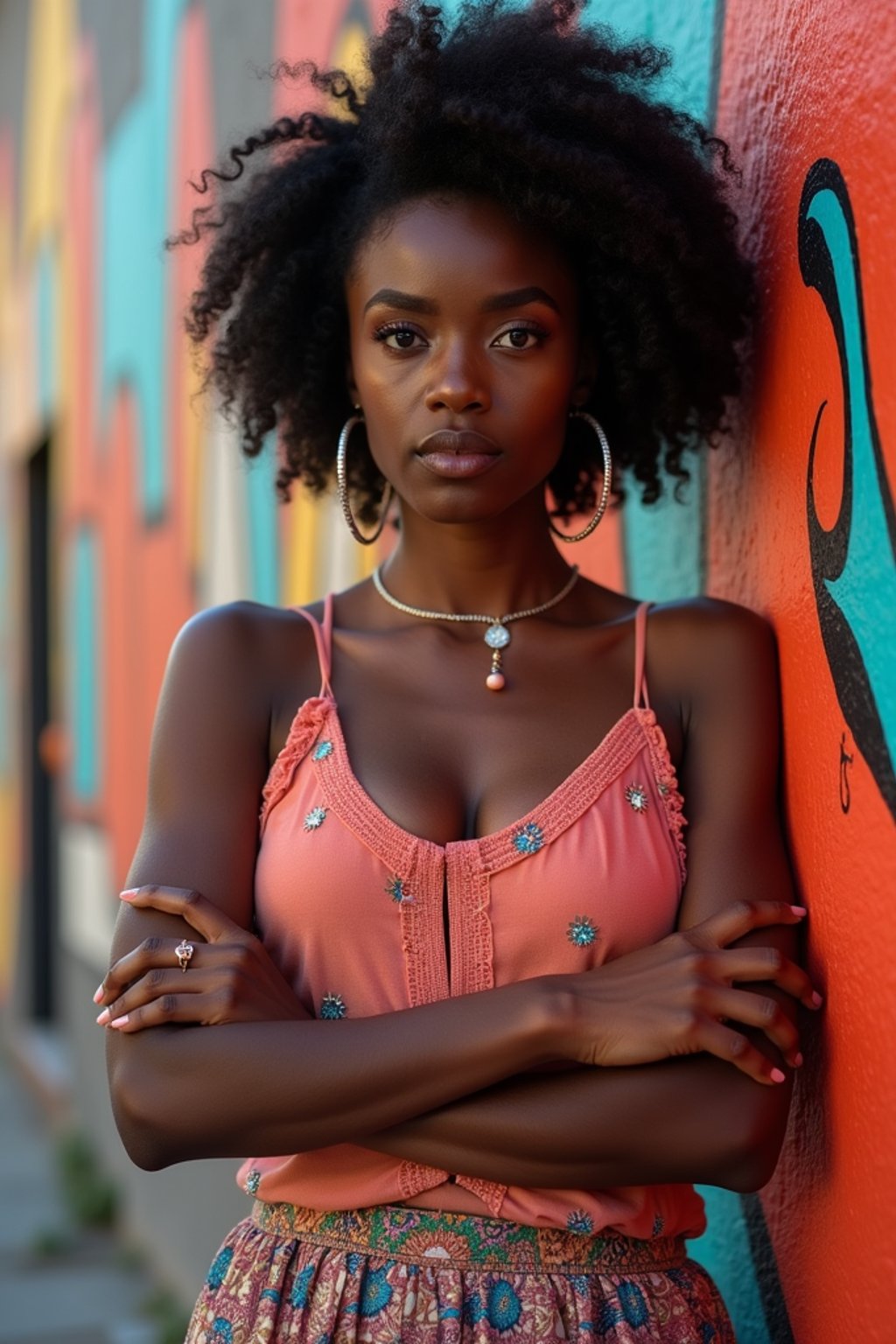 a fashionable  feminine woman posing in front of street art