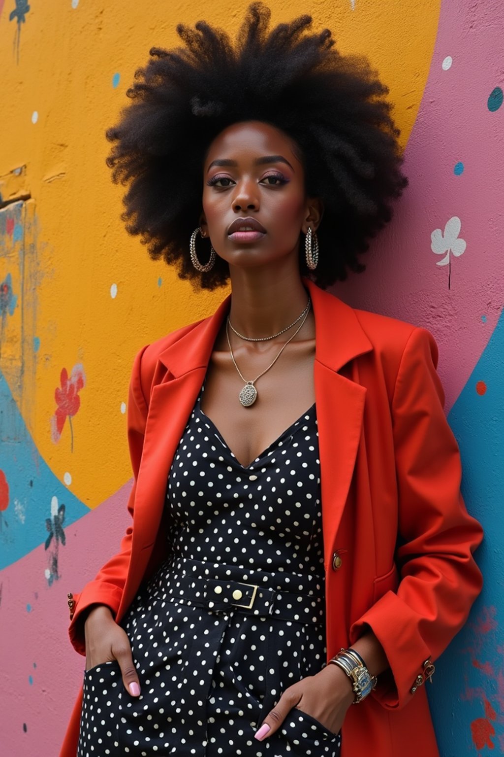 a fashionable  feminine woman posing in front of street art