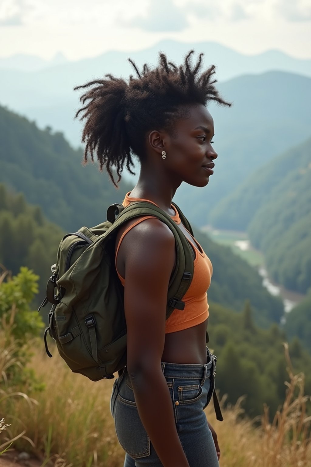 an adventurous  feminine woman hiking in the mountains