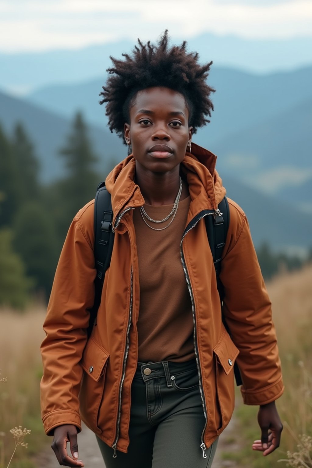 an adventurous  feminine woman hiking in the mountains