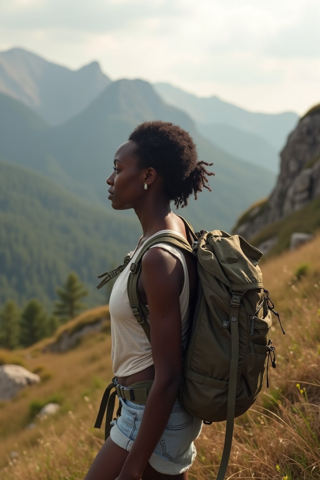 an adventurous  feminine woman hiking in the mountains