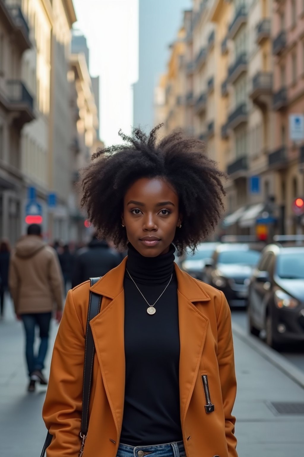 a confident  feminine woman exploring a bustling city street