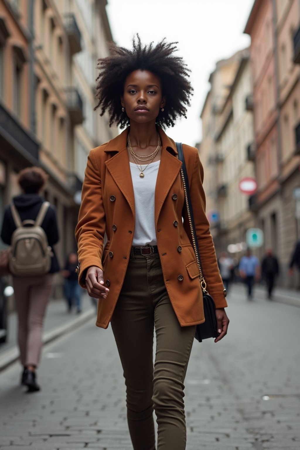 a confident  feminine woman exploring a bustling city street