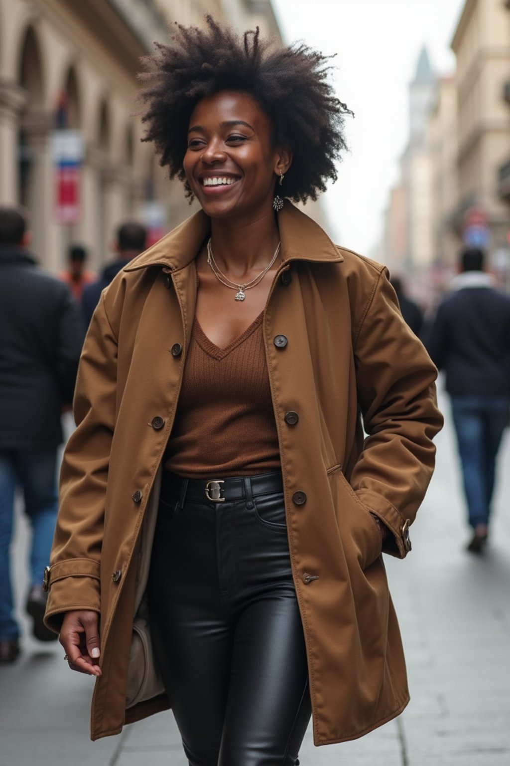 a confident  feminine woman exploring a bustling city street