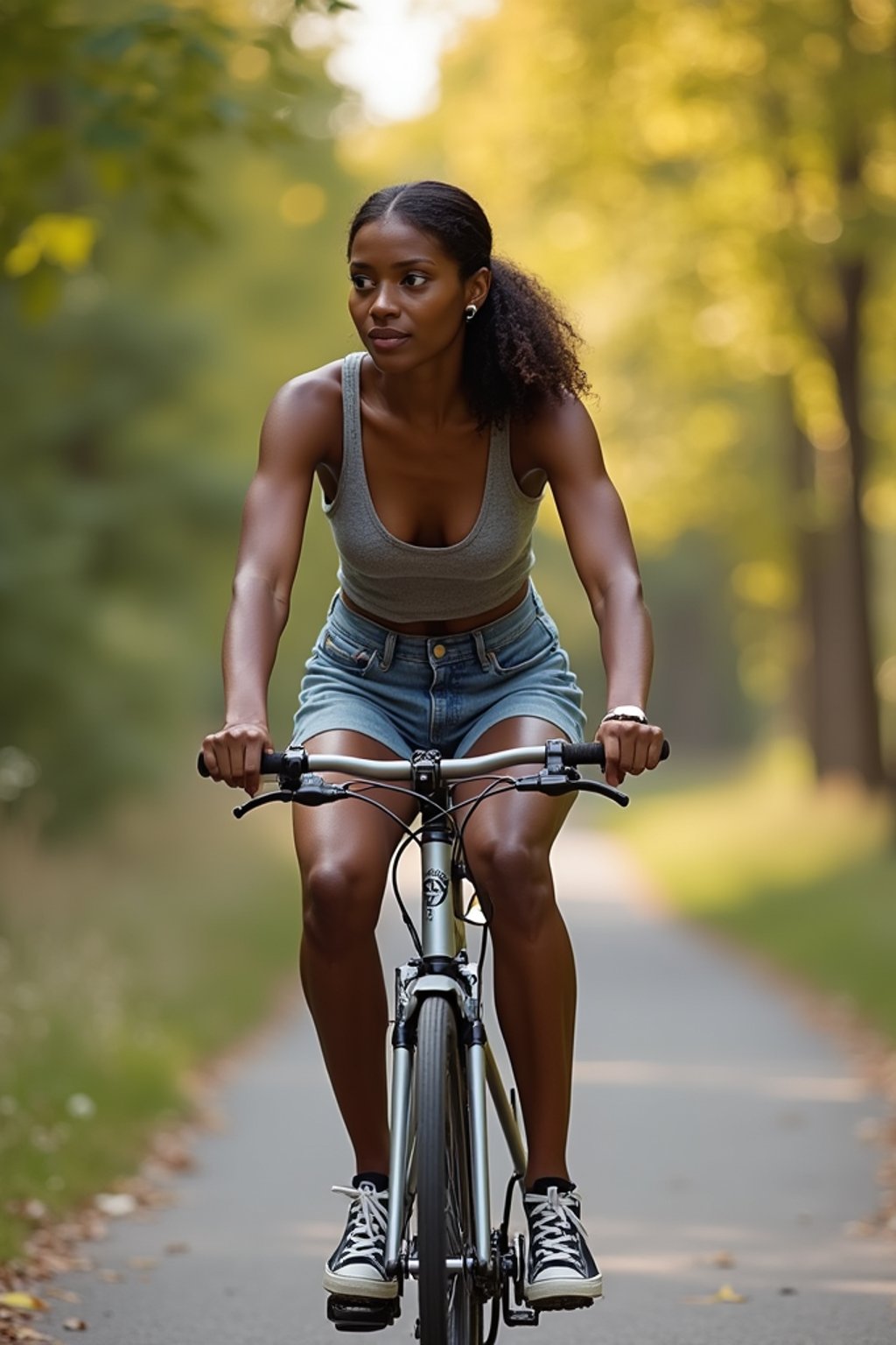 a stylish  feminine woman enjoying a leisurely bike ride along a scenic path