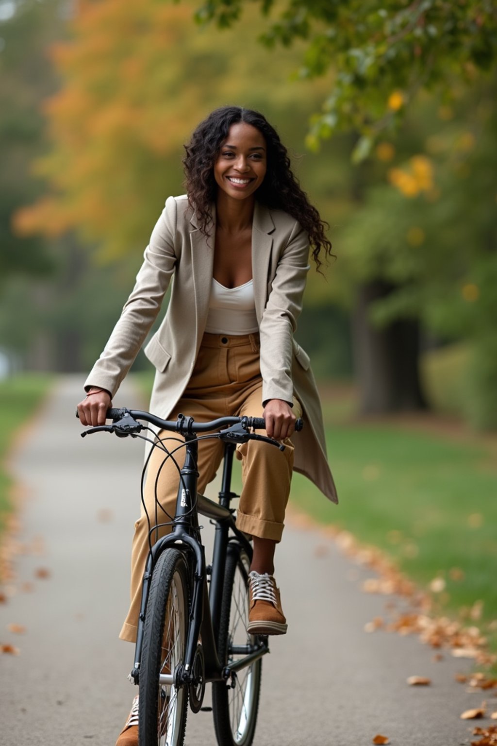 a stylish  feminine woman enjoying a leisurely bike ride along a scenic path