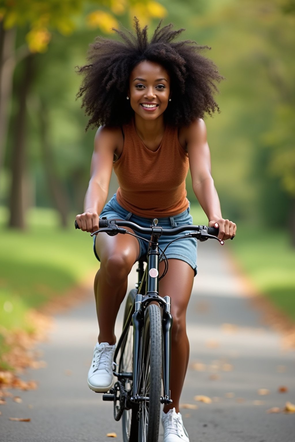 a stylish  feminine woman enjoying a leisurely bike ride along a scenic path