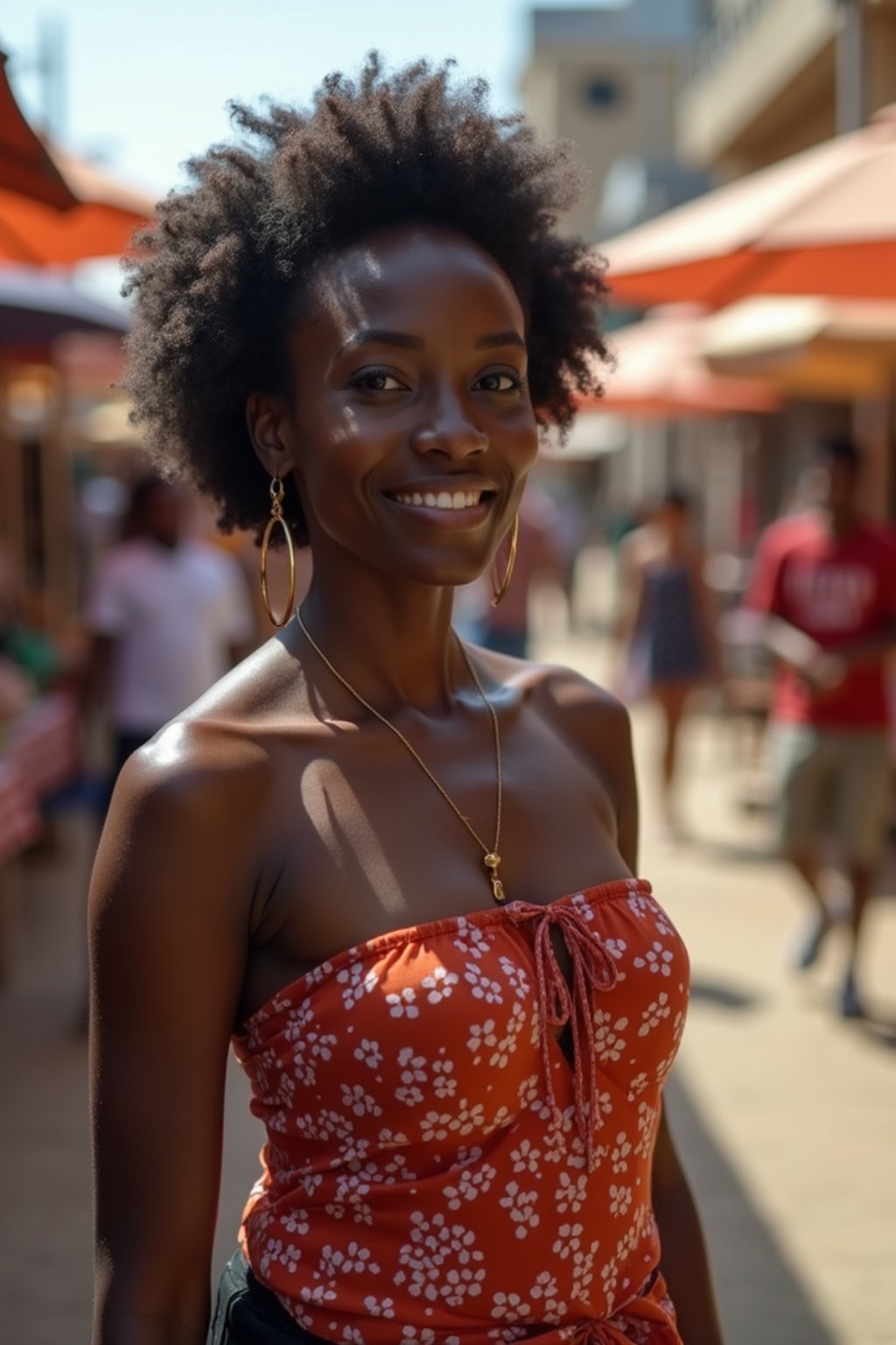 a charismatic  feminine woman exploring a street market