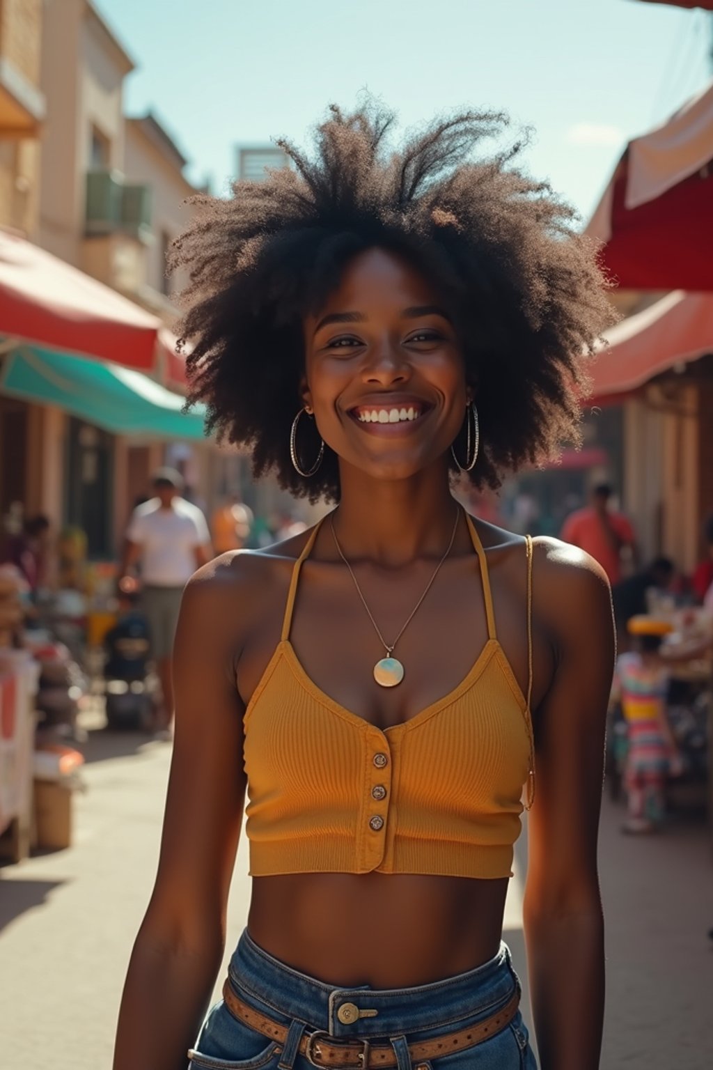 a charismatic  feminine woman exploring a street market