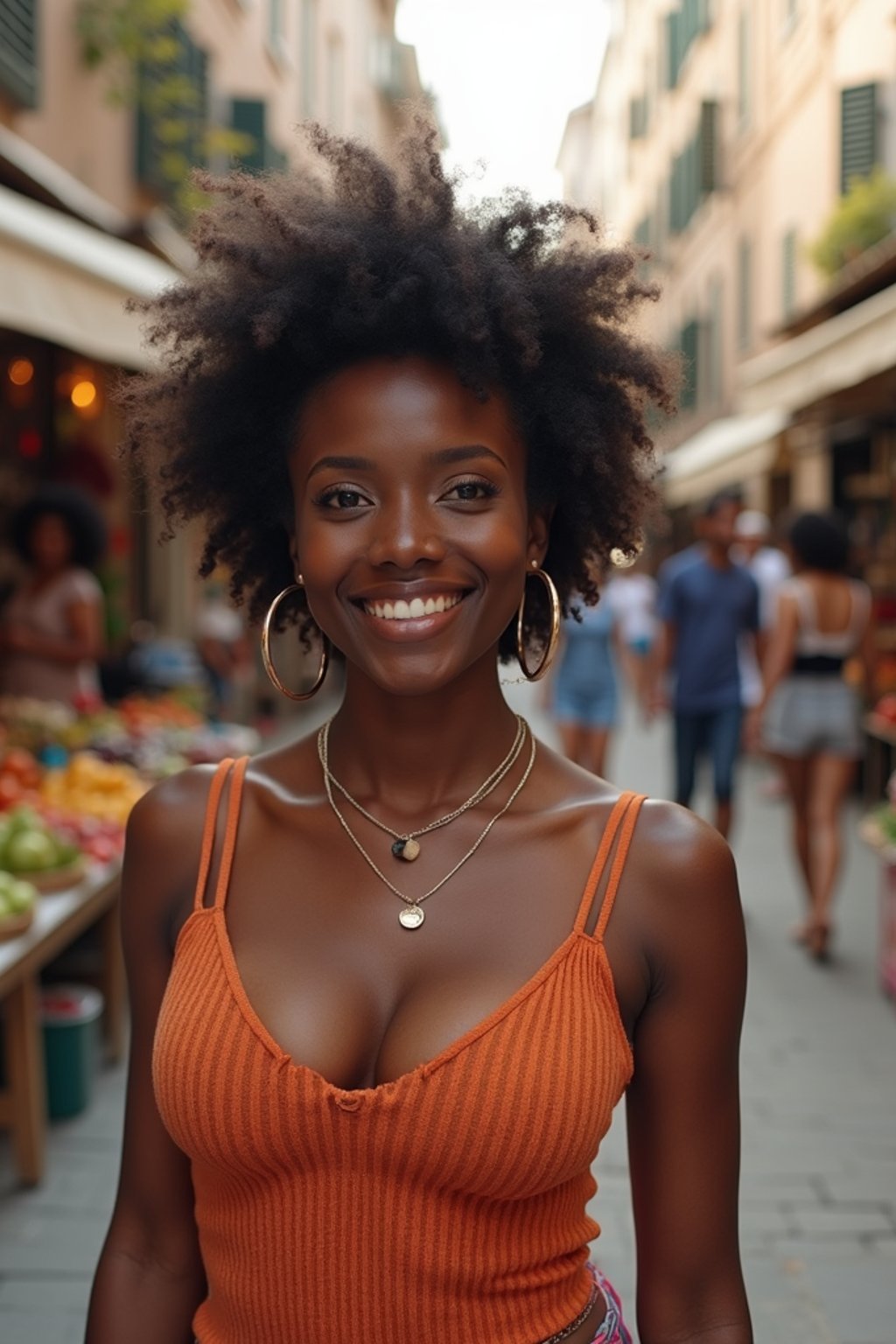 a charismatic  feminine woman exploring a street market