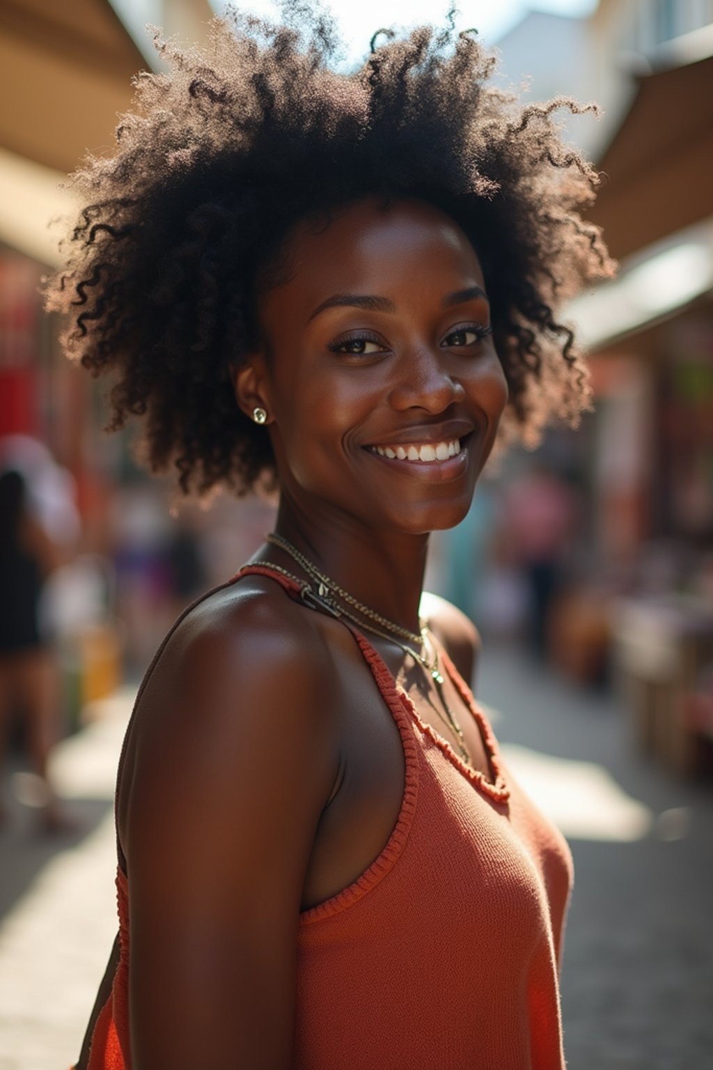 a charismatic  feminine woman exploring a street market