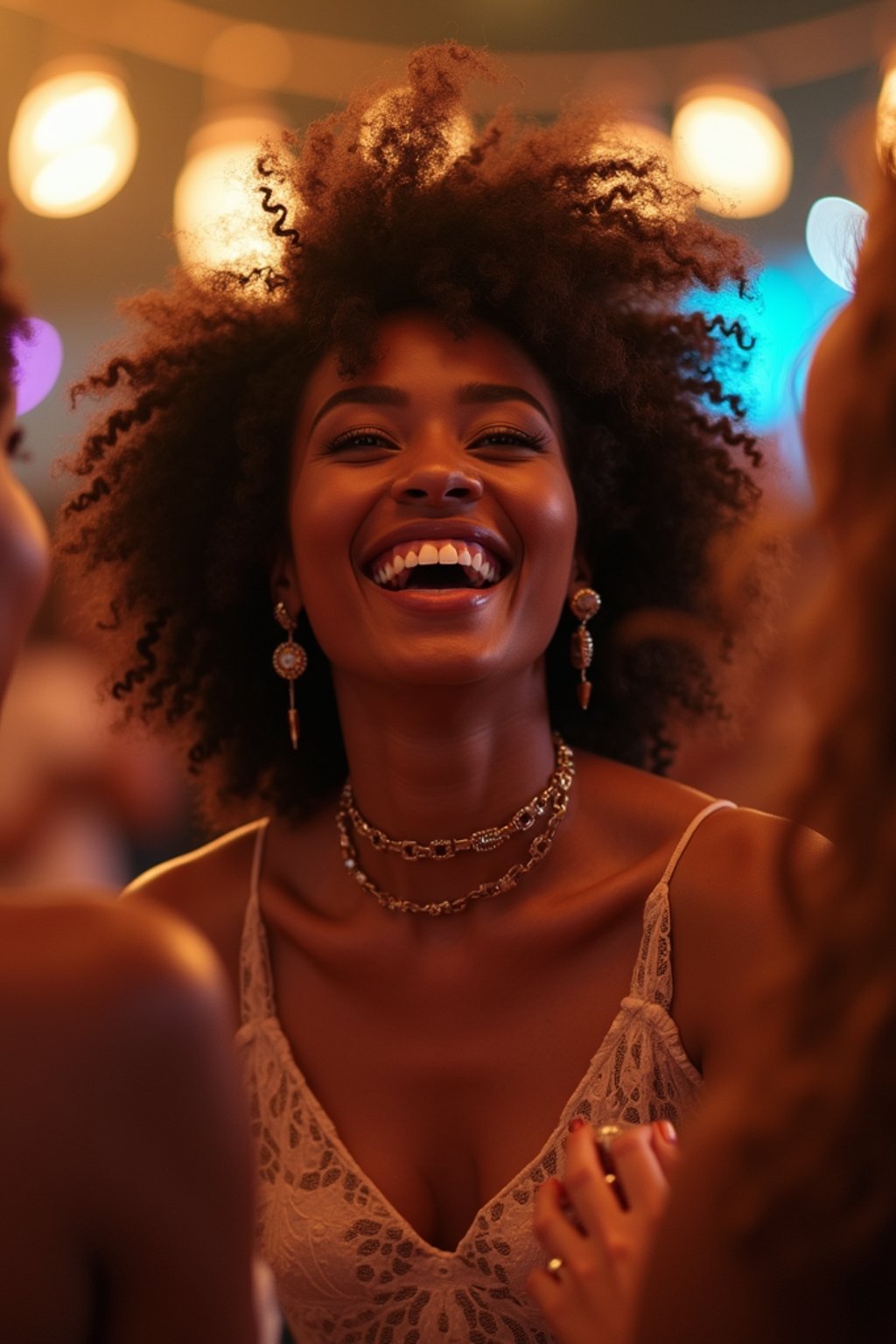 feminine woman laughing and hanging out with friends