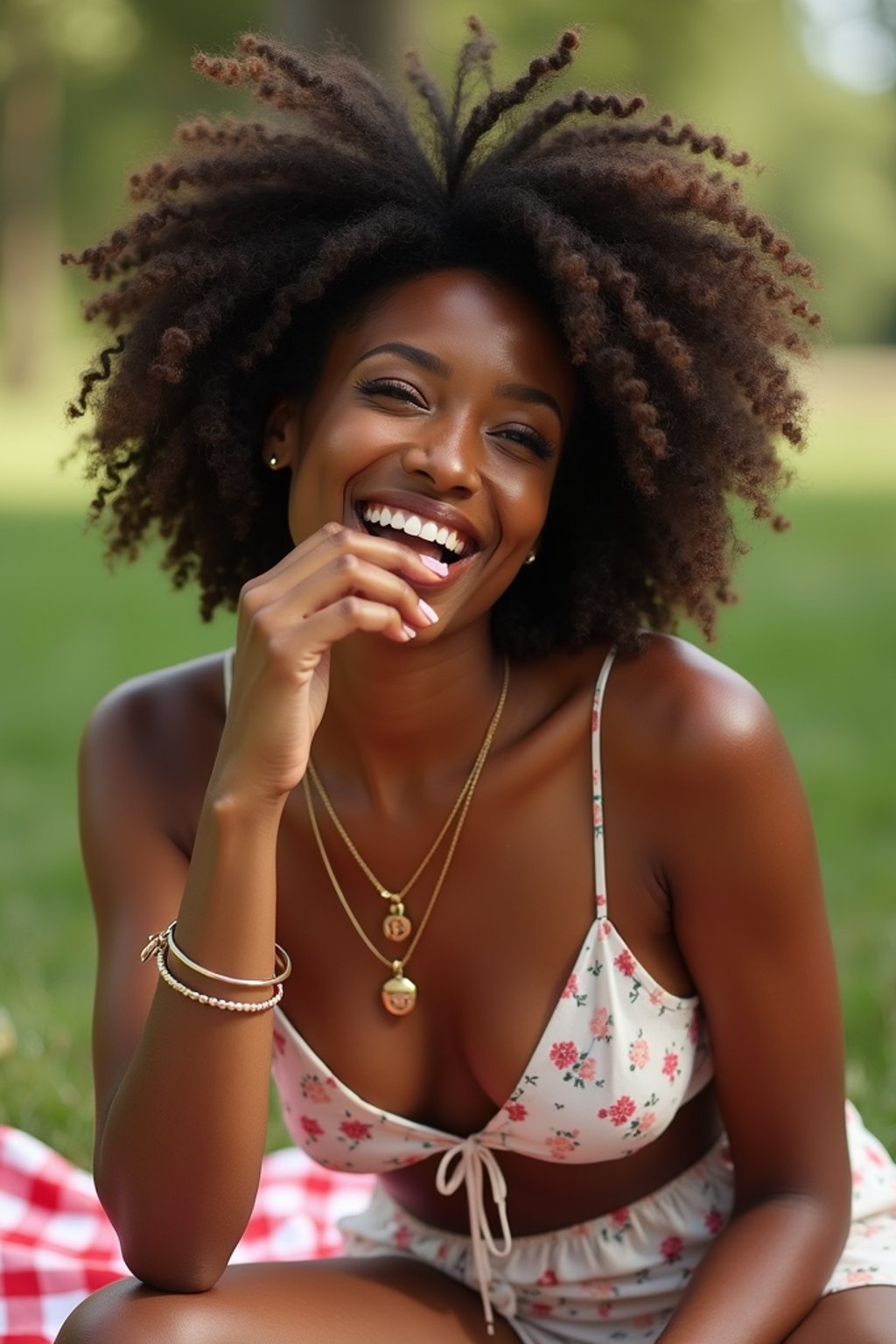 feminine woman having a fun outdoor picnic