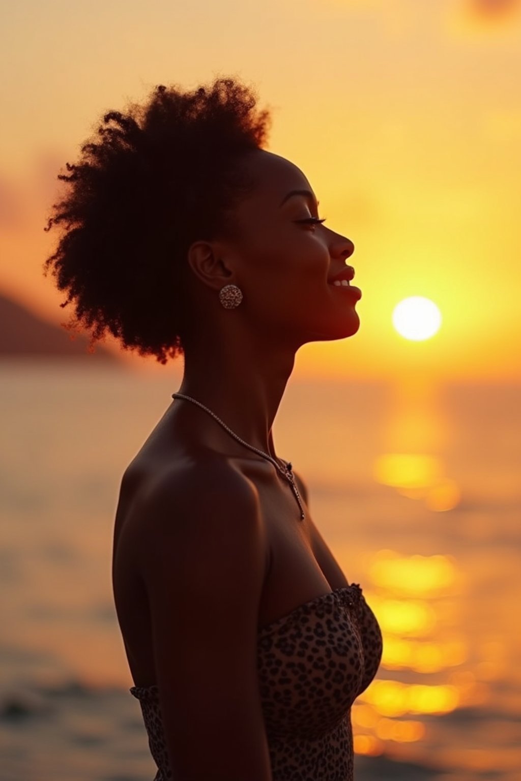 feminine woman enjoying a sunset at a beach or park