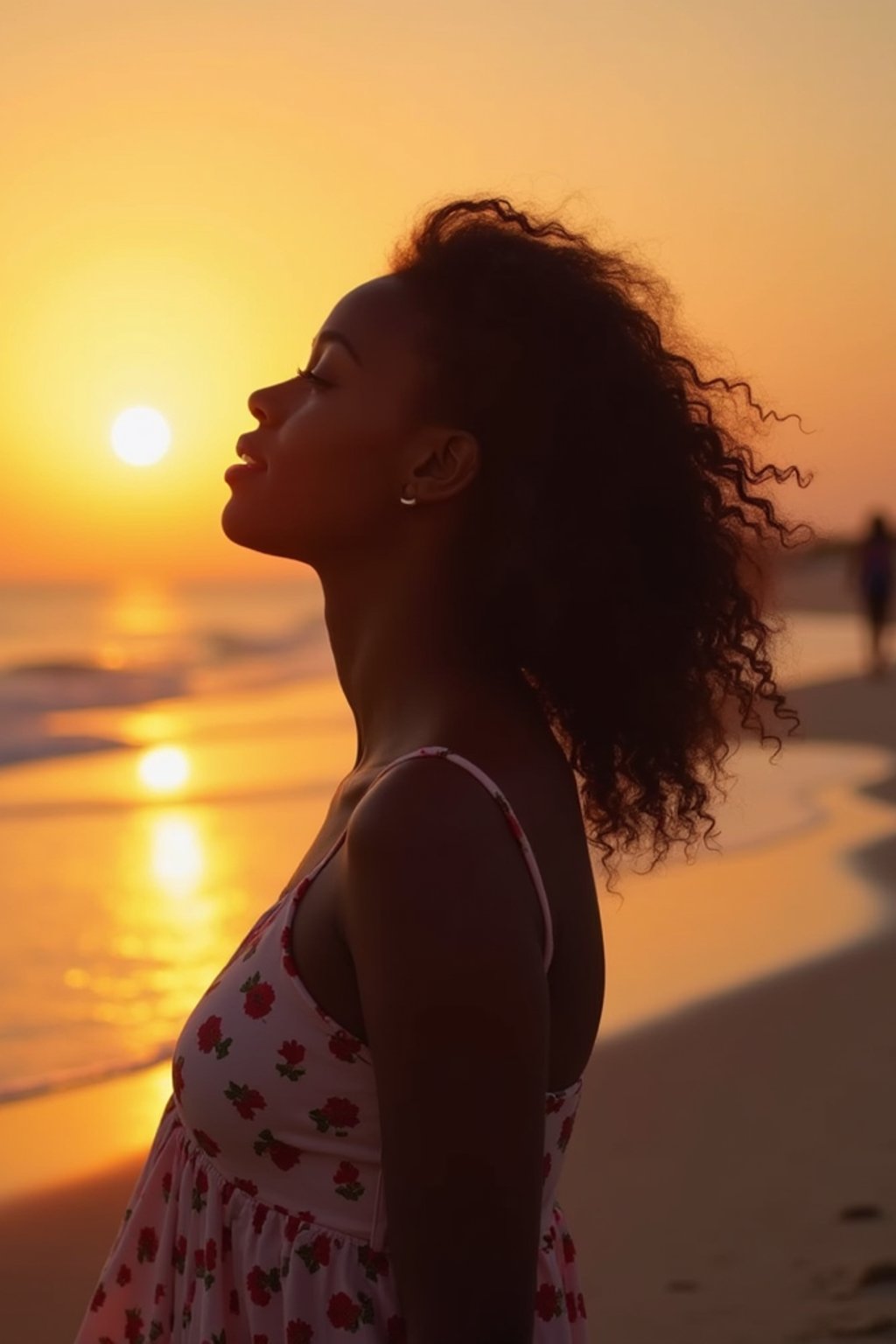 feminine woman enjoying a sunset at a beach or park