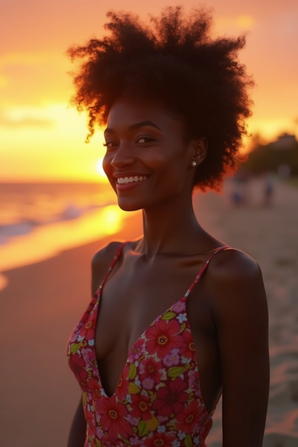 feminine woman enjoying a sunset at a beach or park