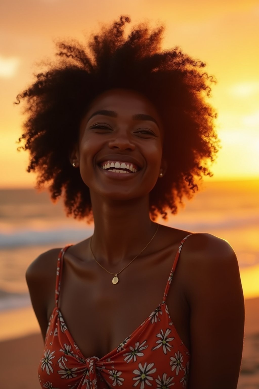 feminine woman enjoying a sunset at a beach or park