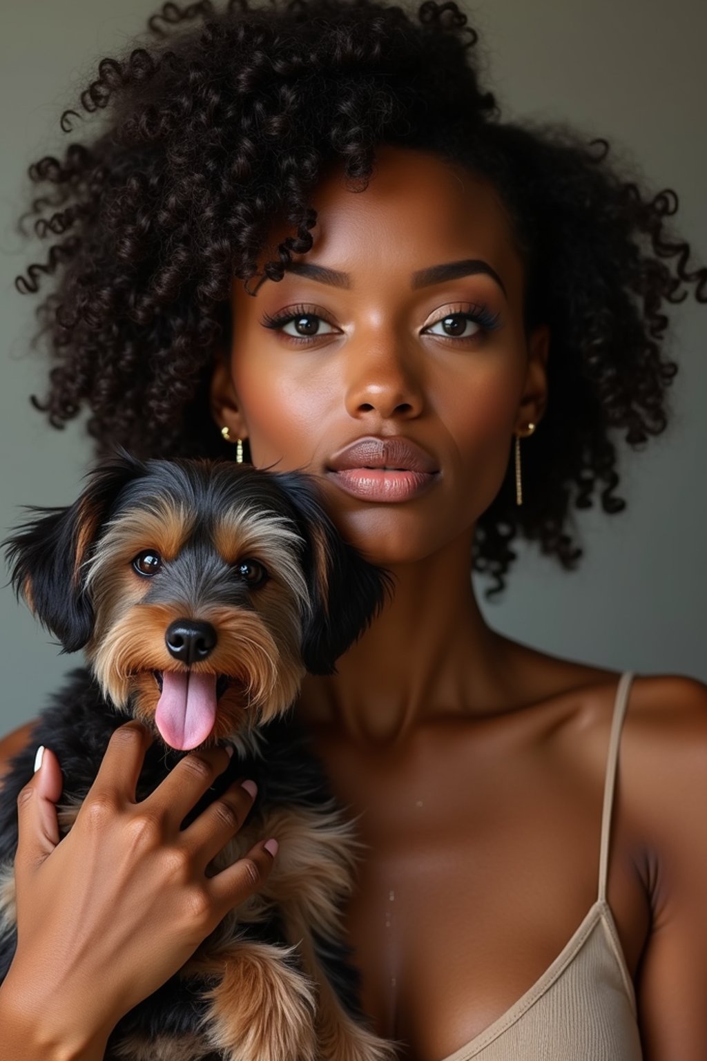 feminine woman posing with a cute pet