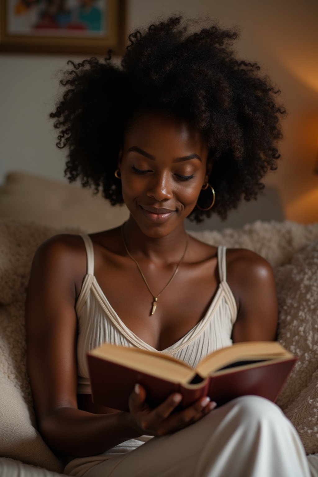 feminine woman reading a book in a cozy home environment