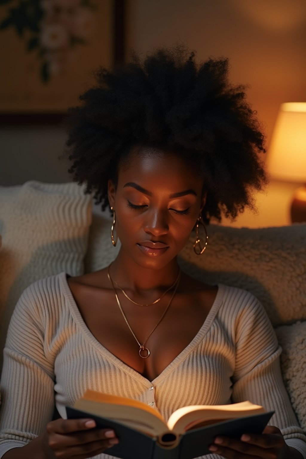 feminine woman reading a book in a cozy home environment