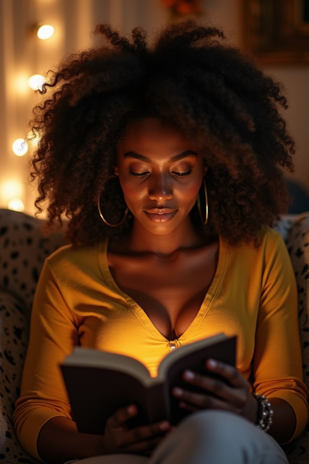 feminine woman reading a book in a cozy home environment