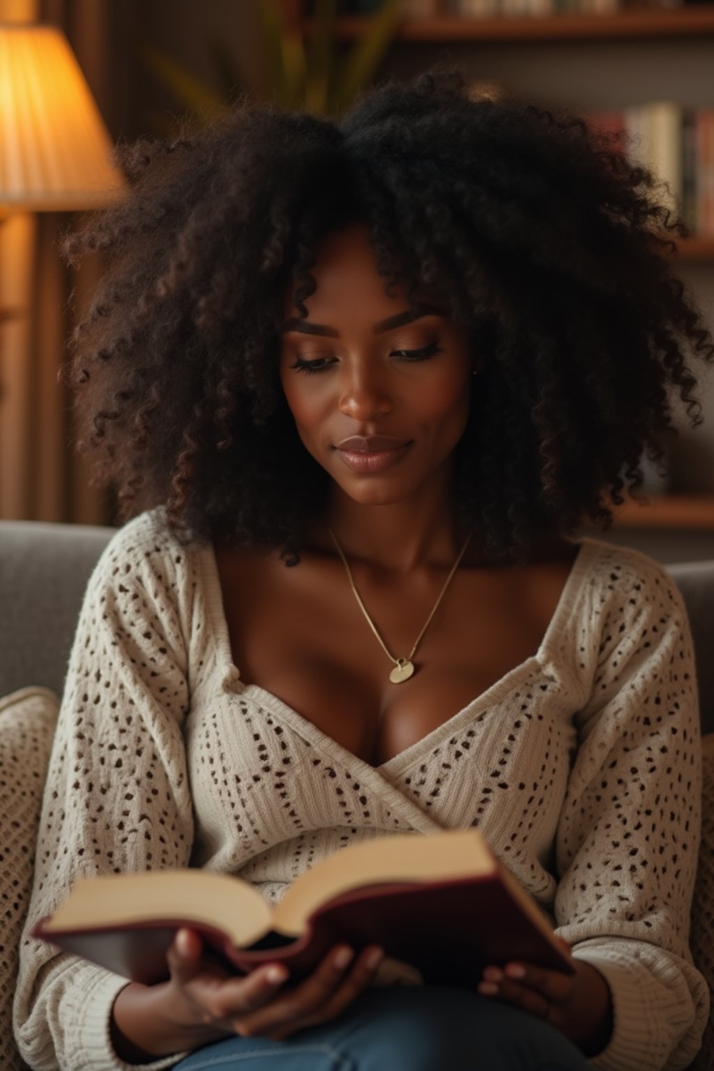 feminine woman reading a book in a cozy home environment