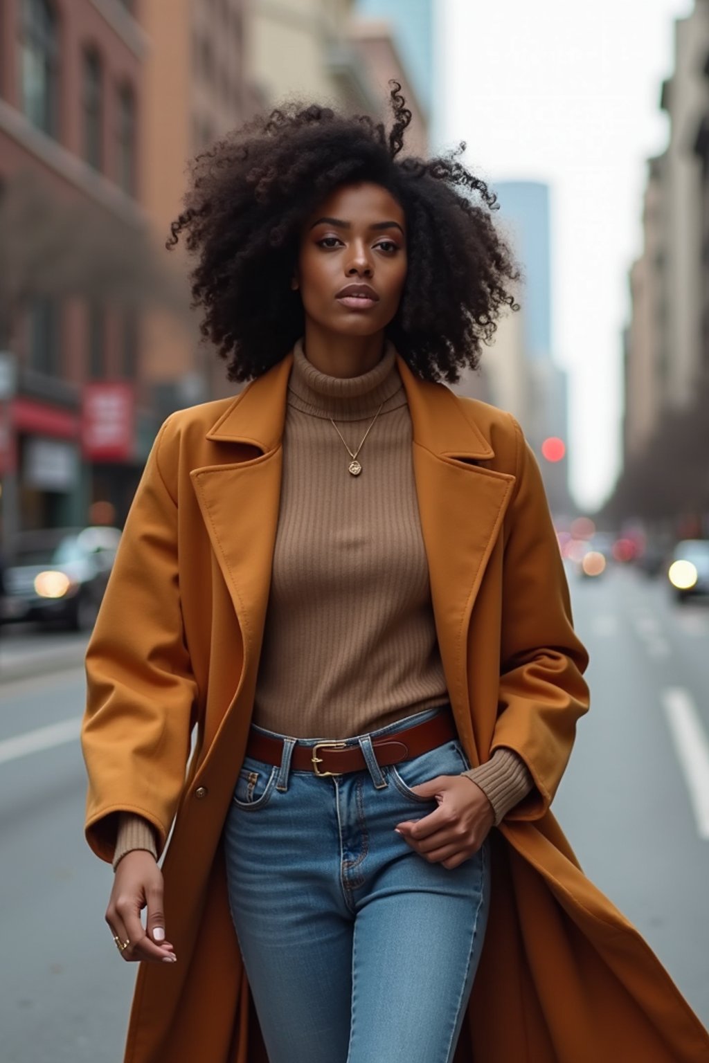 feminine woman taking a casual stroll through a cityscape