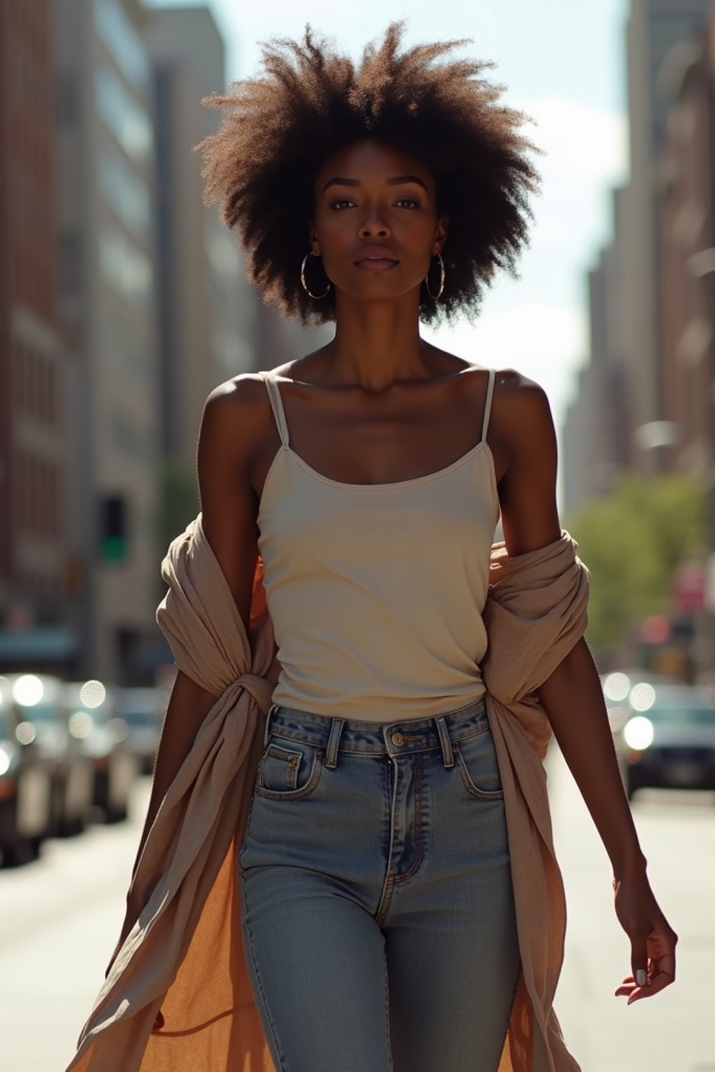 feminine woman taking a casual stroll through a cityscape