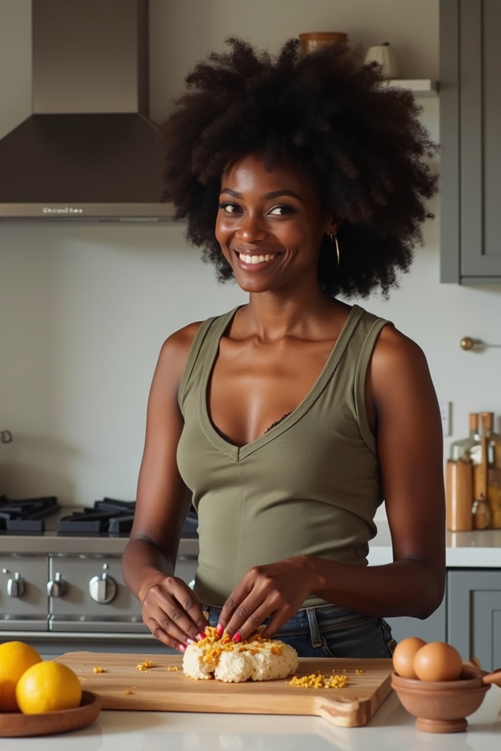 feminine woman cooking or baking in a modern kitchen