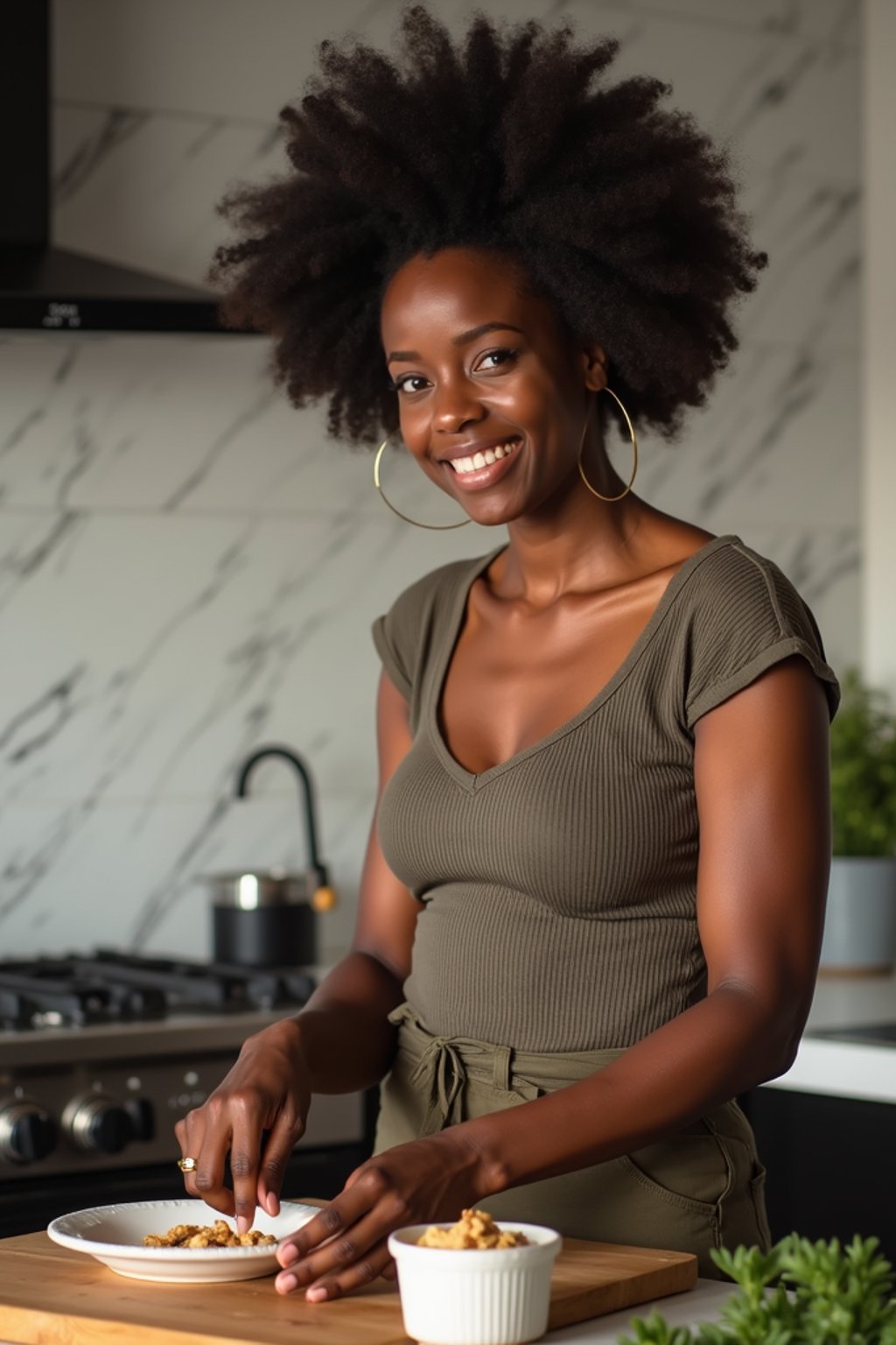 feminine woman cooking or baking in a modern kitchen