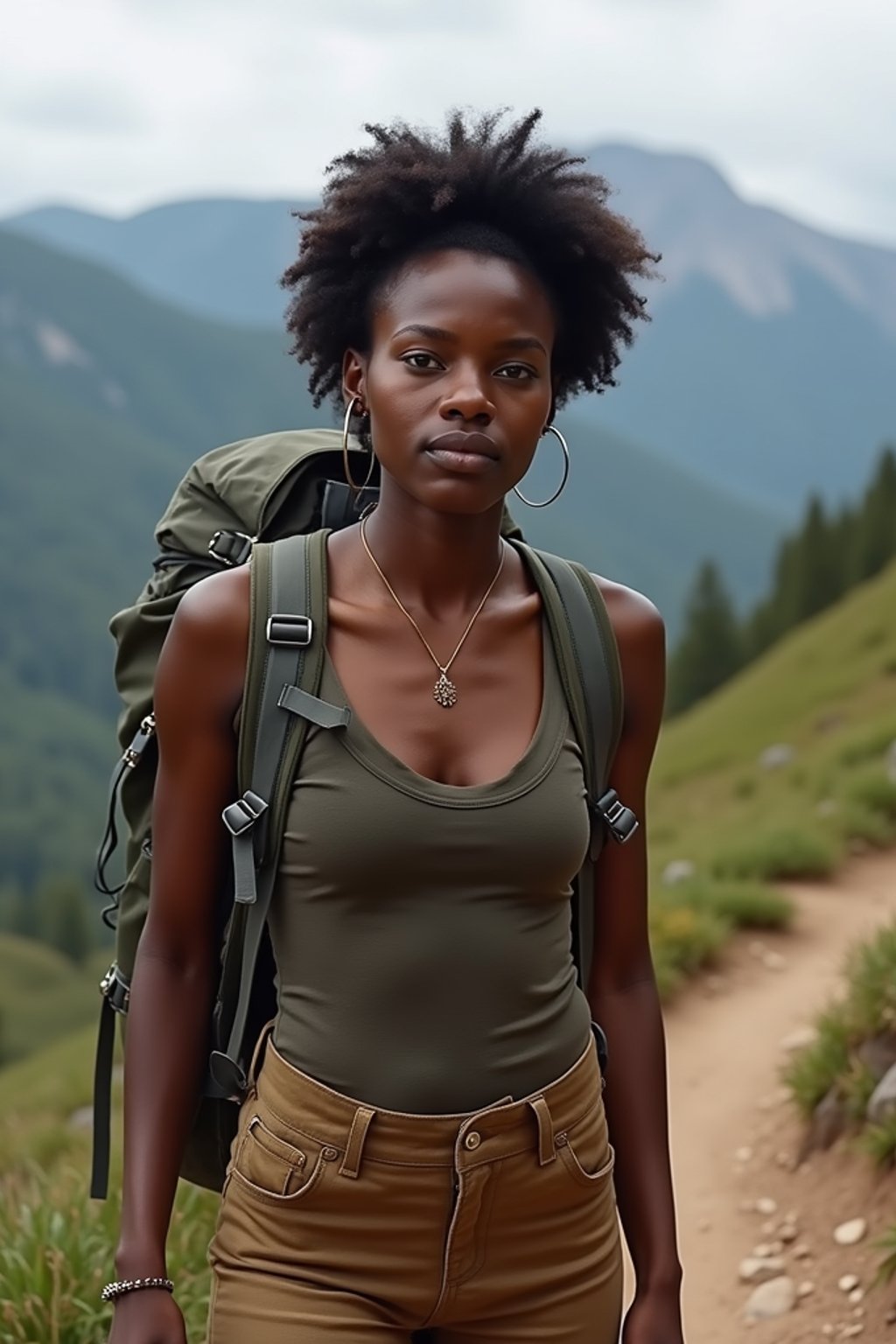 feminine woman in going hiking outdoors in mountains