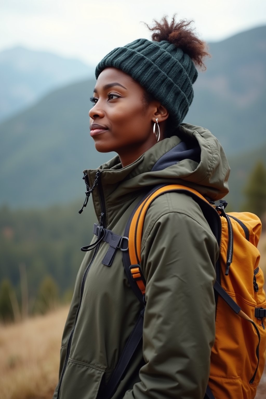 feminine woman in going hiking outdoors in mountains