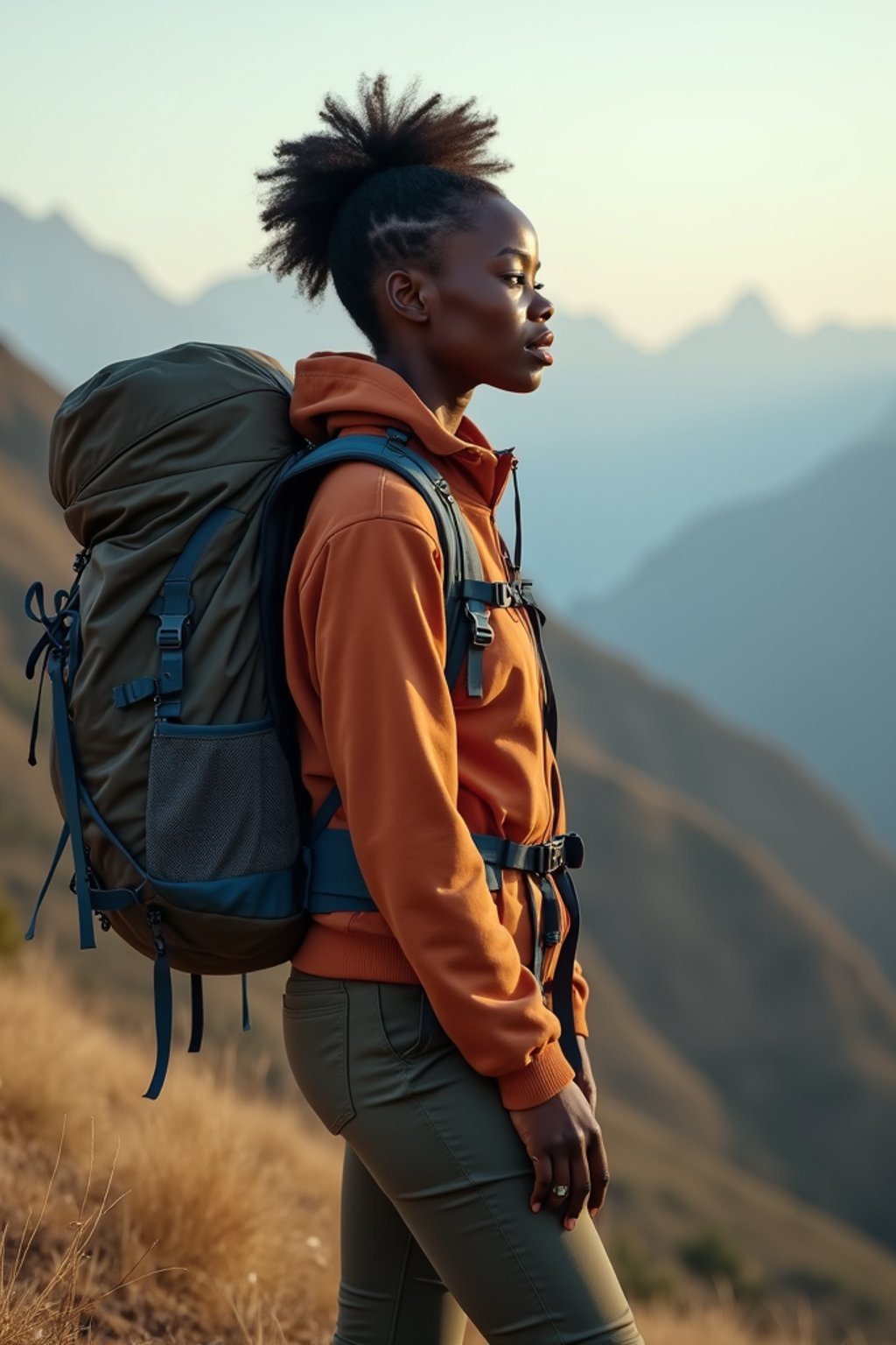 feminine woman in going hiking outdoors in mountains