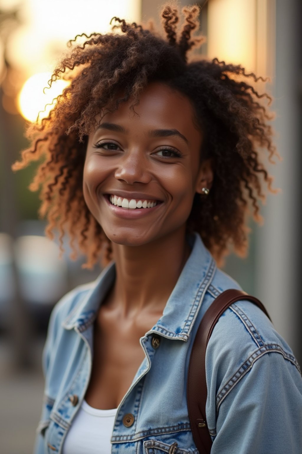 headshot of smiling woman wearing casual clothes posing for dating app headshot. outdoor blurry background. the lighting is warm, possibly from a setting sun, creating a soft glow around him, enhancing the casual and relaxed vibe of the image. the setting seems to be outdoors, likely in an urban environment, with the blurred background hinting at a street or park-like area. this image likely portrays a youthful, active, and approachable individual, possibly in a lifestyle or fashion-related context.