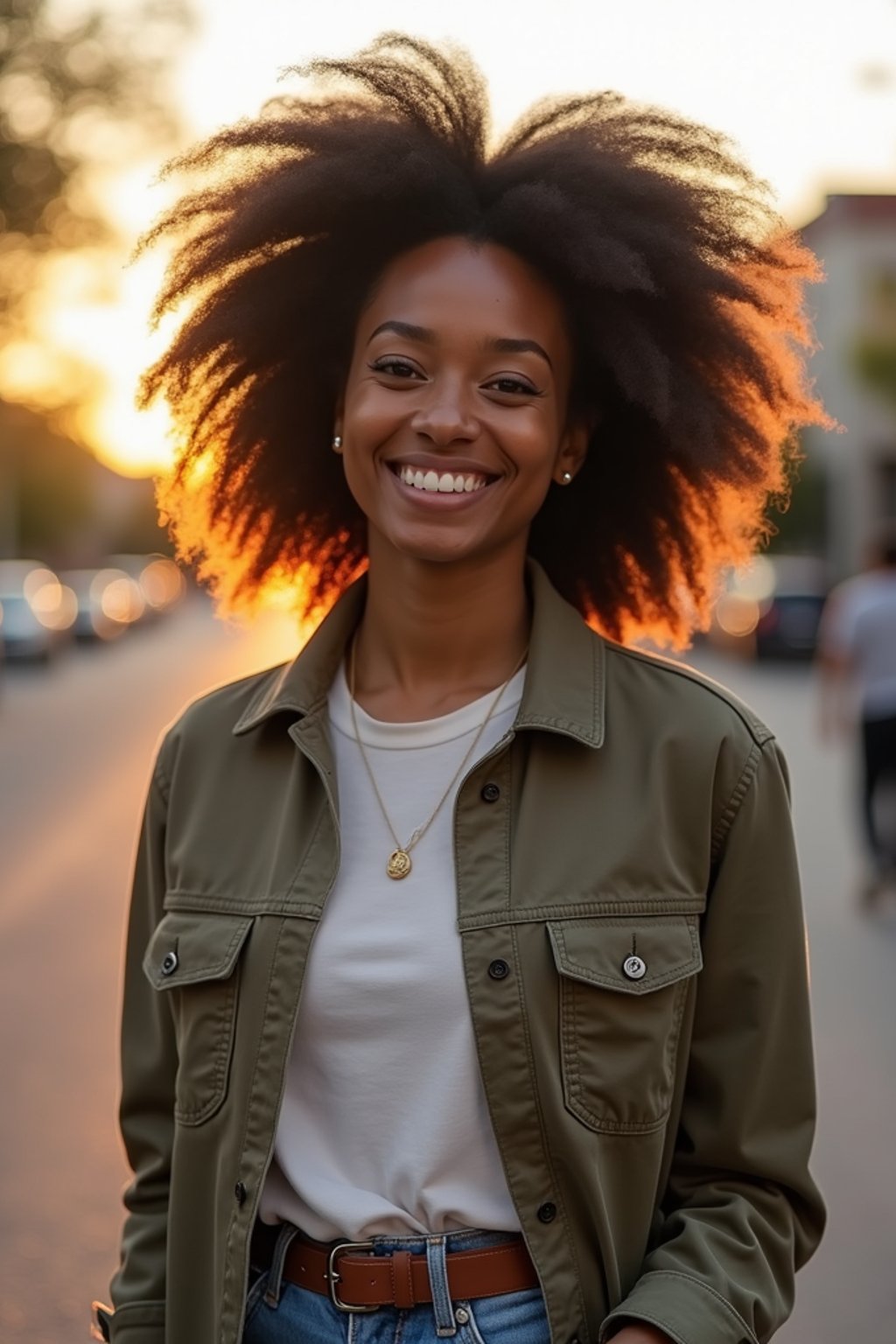 headshot of smiling woman wearing casual clothes posing for dating app headshot. outdoor blurry background. the lighting is warm, possibly from a setting sun, creating a soft glow around him, enhancing the casual and relaxed vibe of the image. the setting seems to be outdoors, likely in an urban environment, with the blurred background hinting at a street or park-like area. this image likely portrays a youthful, active, and approachable individual, possibly in a lifestyle or fashion-related context.