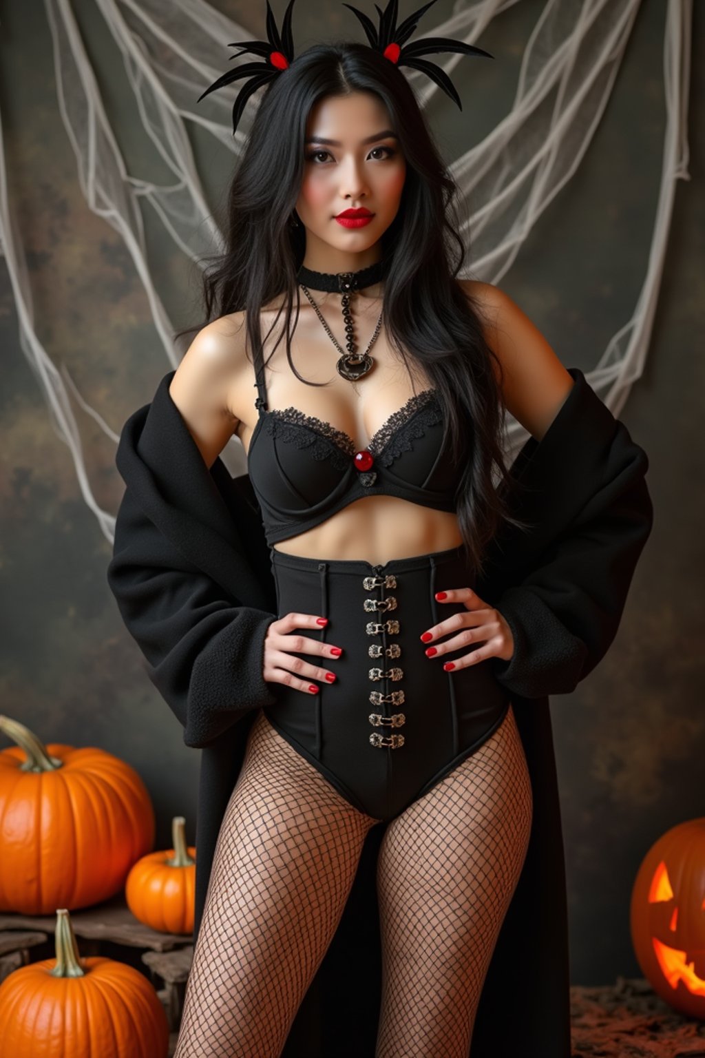 woman wearing (naughty halloween) (sexy halloween costume) (fishnet bodystockings) (halloween outfit), spooky outfit posing for photo, background is halloween pumpkins and spiderwebs