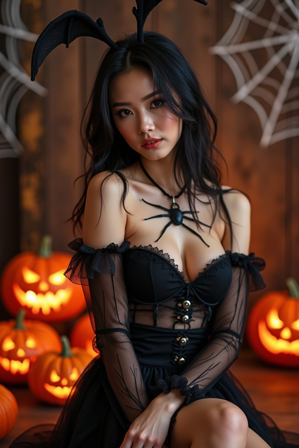 woman wearing (naughty halloween) (sexy halloween costume) (halloween outfit), spooky outfit posing for photo, background is halloween pumpkins and spiderwebs